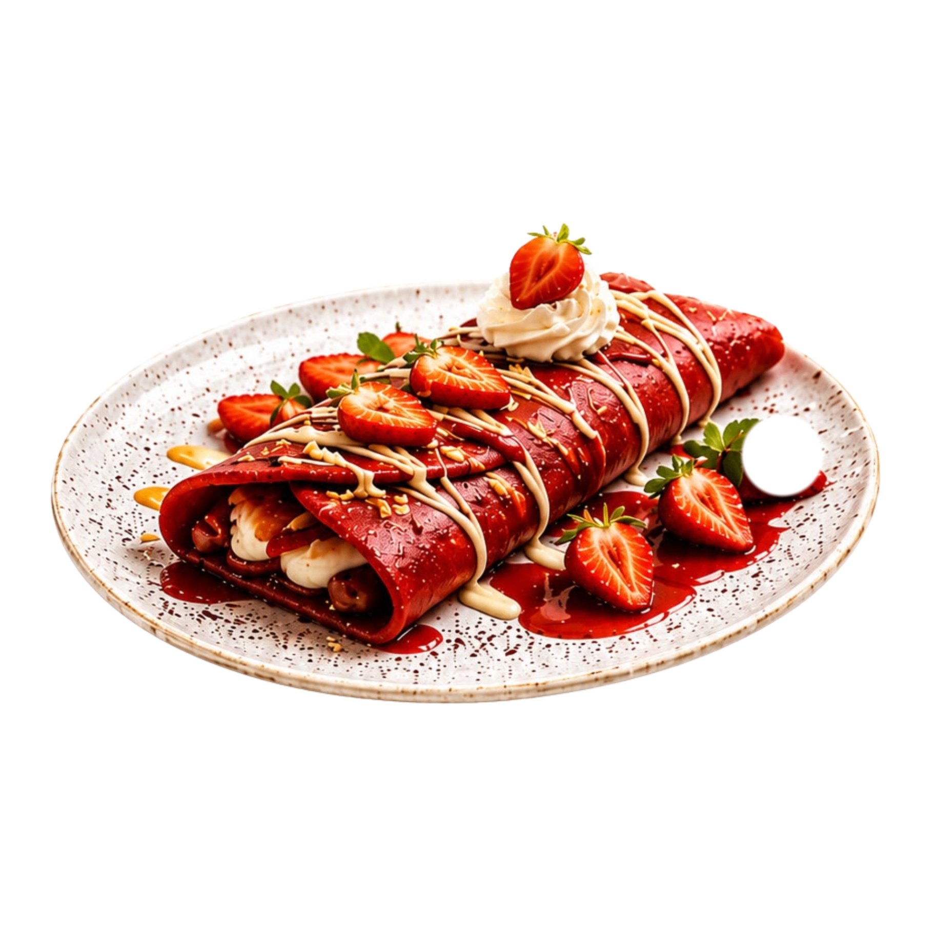Crepa Red Velvet — Trozos de fresa, betún de queso, ganache blanco y salsa de fresa.