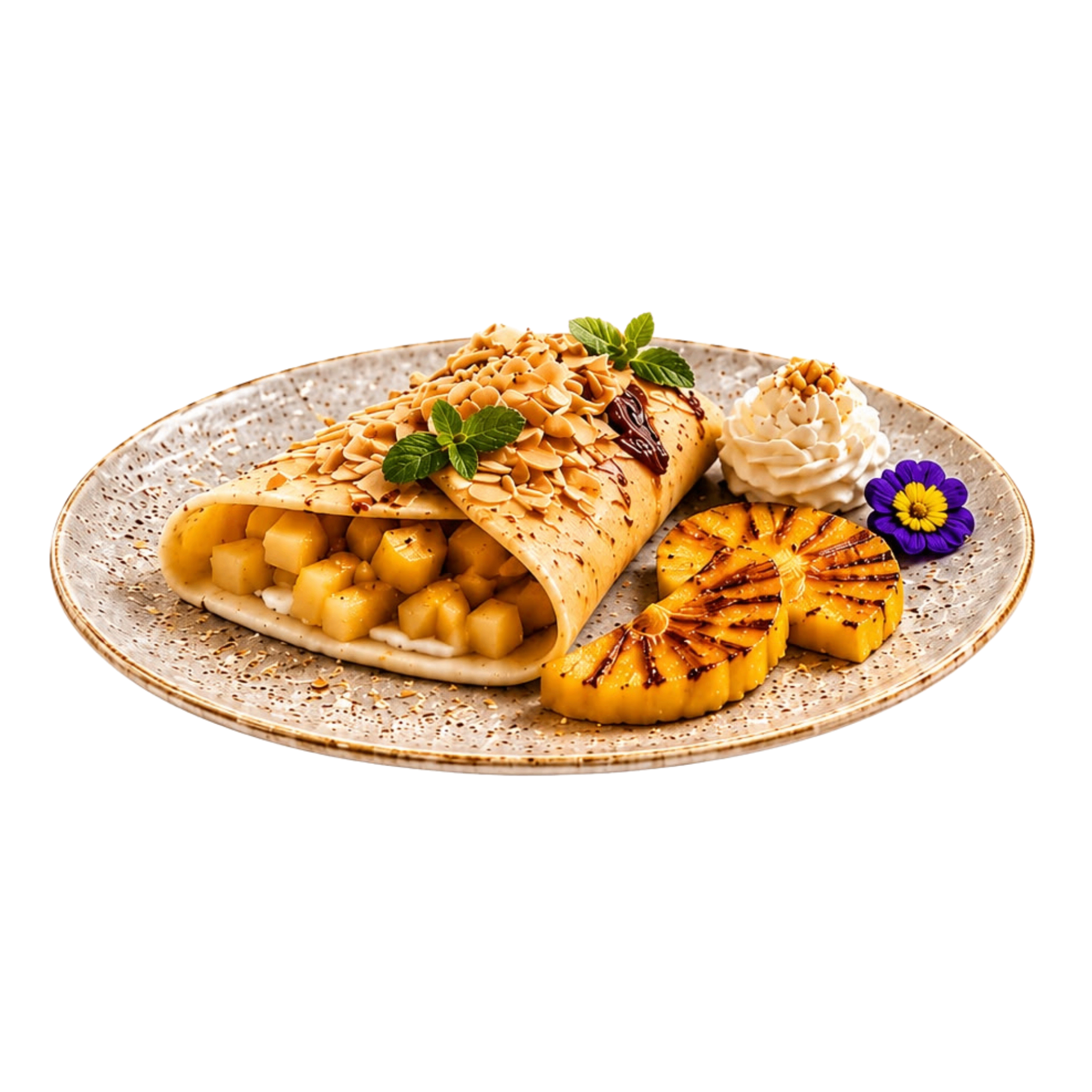 Crepa Piña-Coco — Betún de queso, trozos de piña, ganache blanco y piña caramelizada.