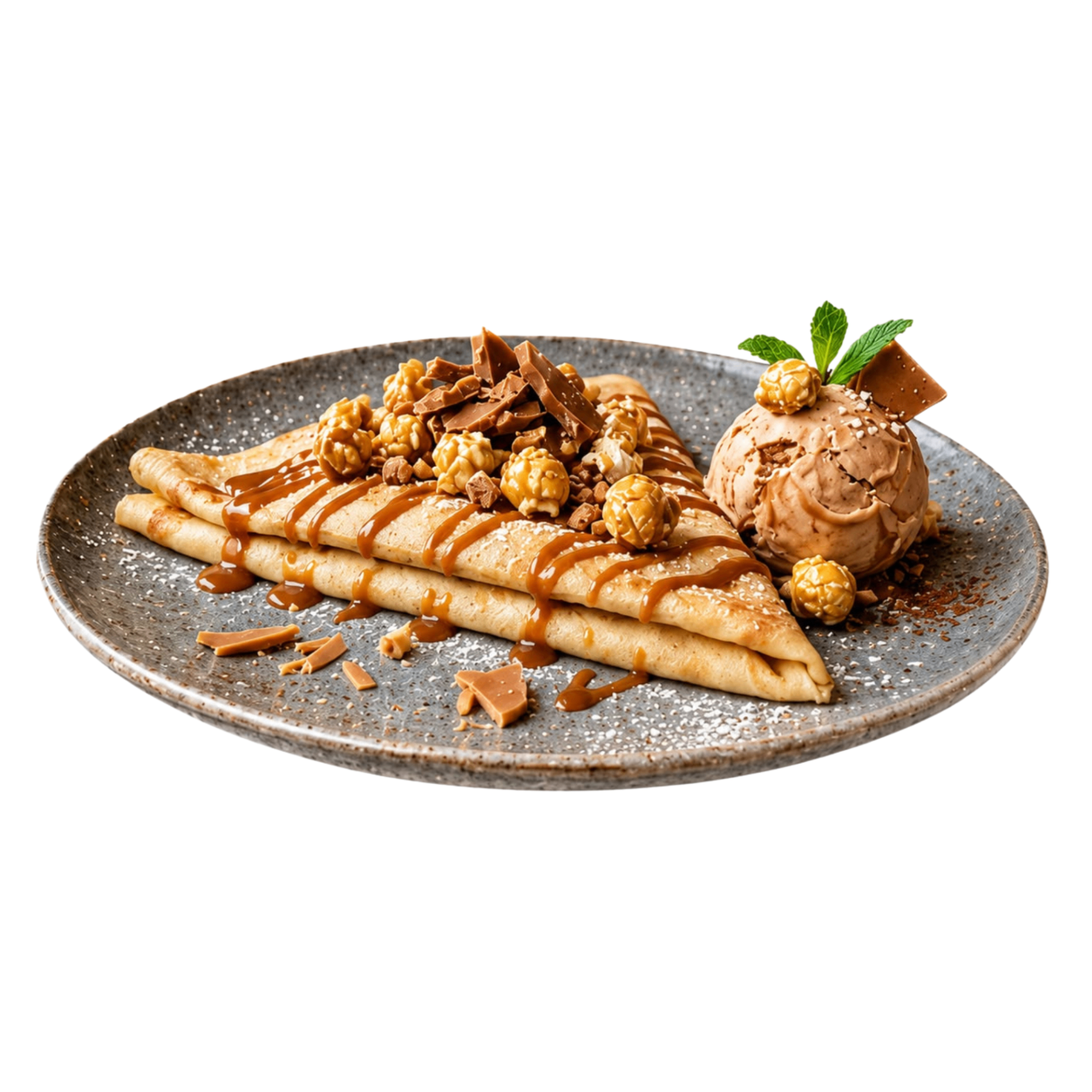 Toffe — Toffee, nuez picada, crema de caramelo, helado de café, salsa de cajeta, trozos de caramelo y palomitas de caramelo.