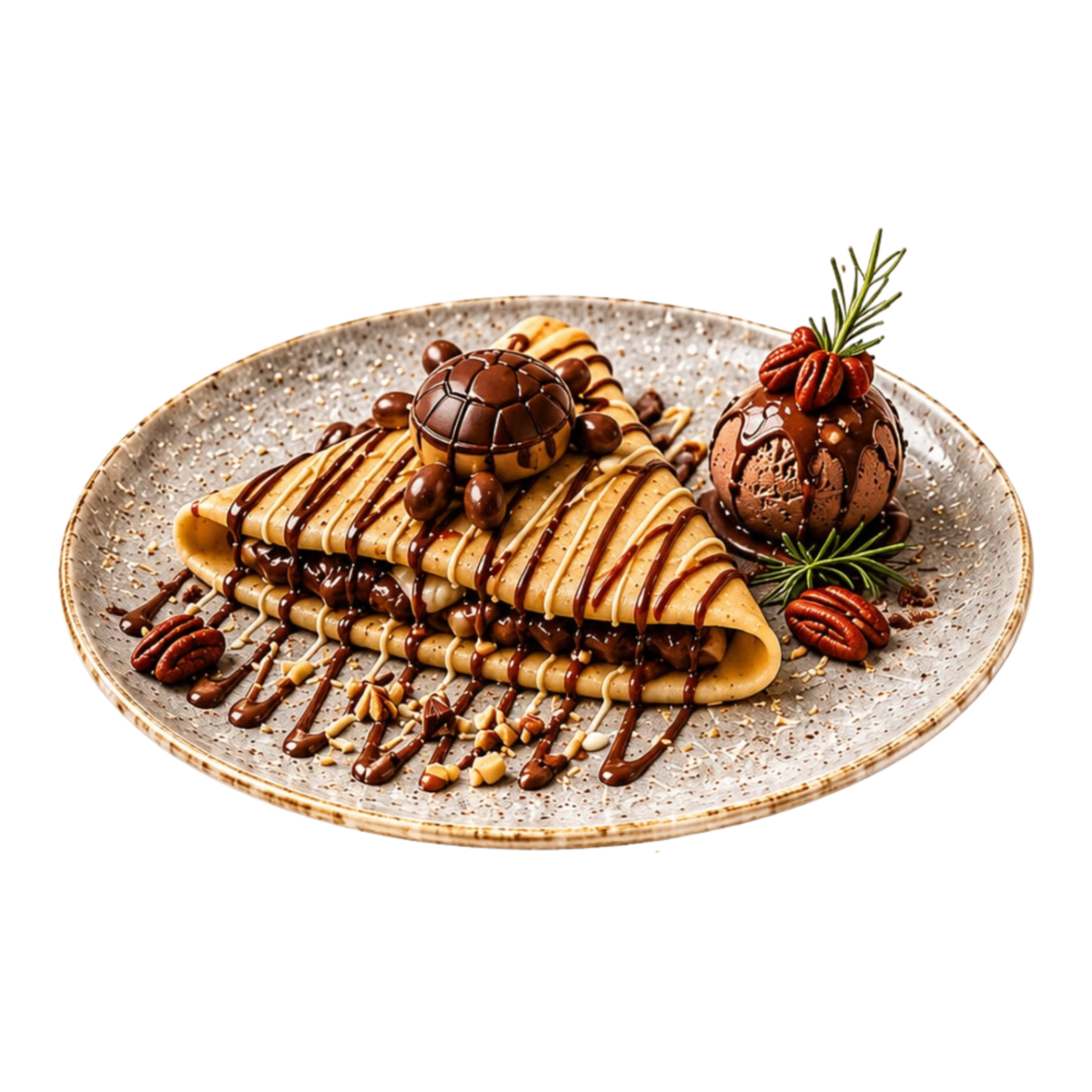 Crepa Tortuga — Nutella, cajeta, salsa de chocolate blanco, nuez picada, helado de chocolate y tortuga de chocolate.