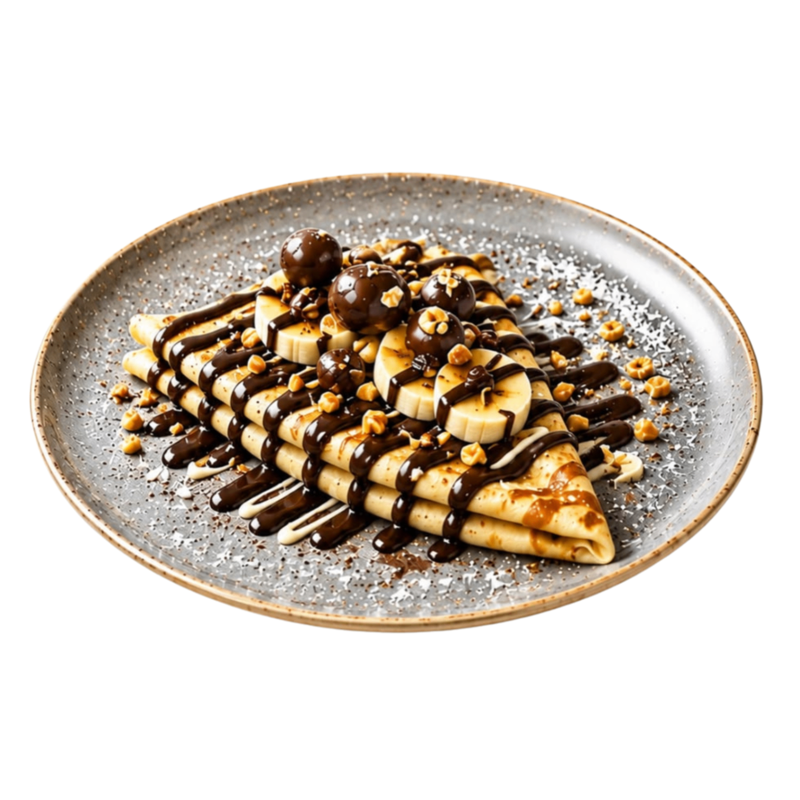 Chocobanana — Nutella, plátano, crocante de chocolate con cacahuate tostado, fresas, avellanas y chocolate blanco.